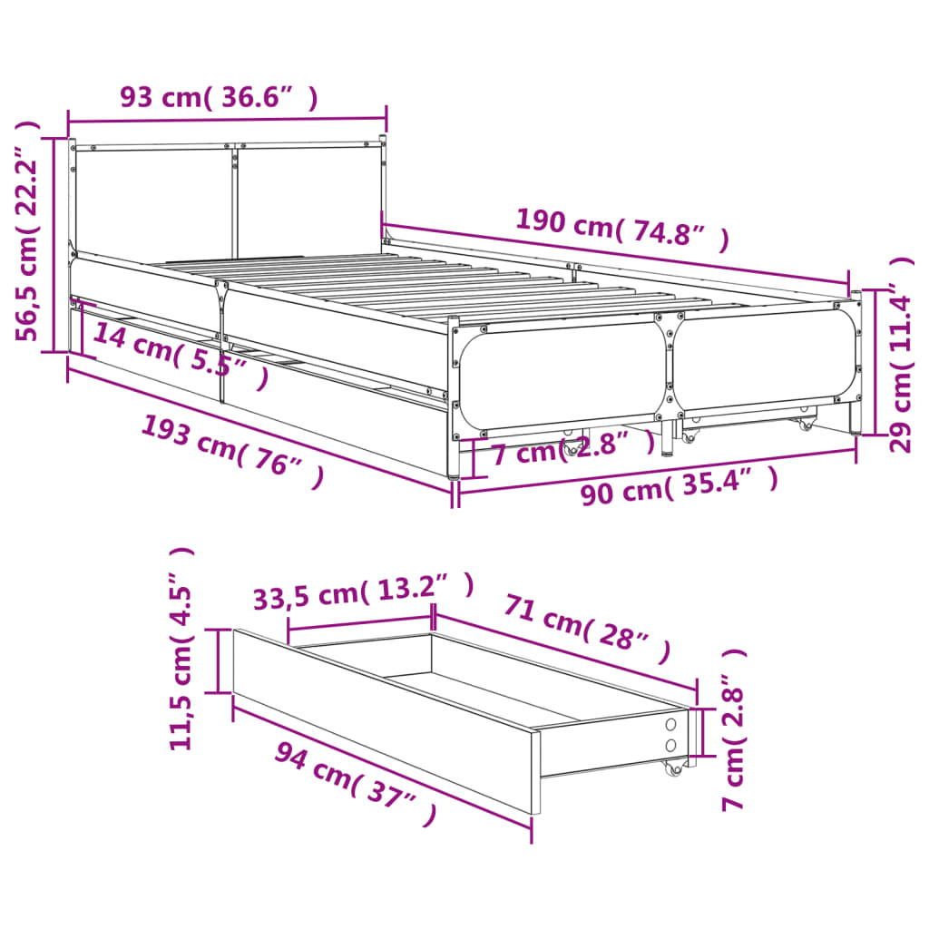 Bed Frame With Drawers Grey Sonoma 90X190 Cm Single Engineered Wood