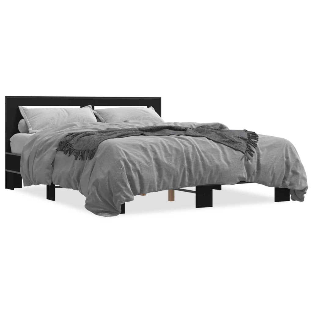 Bed Frame Black 150X200 Cm King Size Engineered Wood And Metal