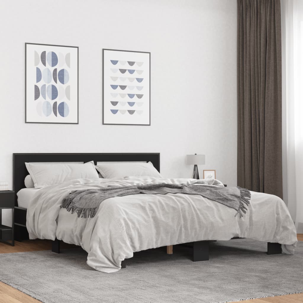 Bed Frame Black 150X200 Cm King Size Engineered Wood And Metal