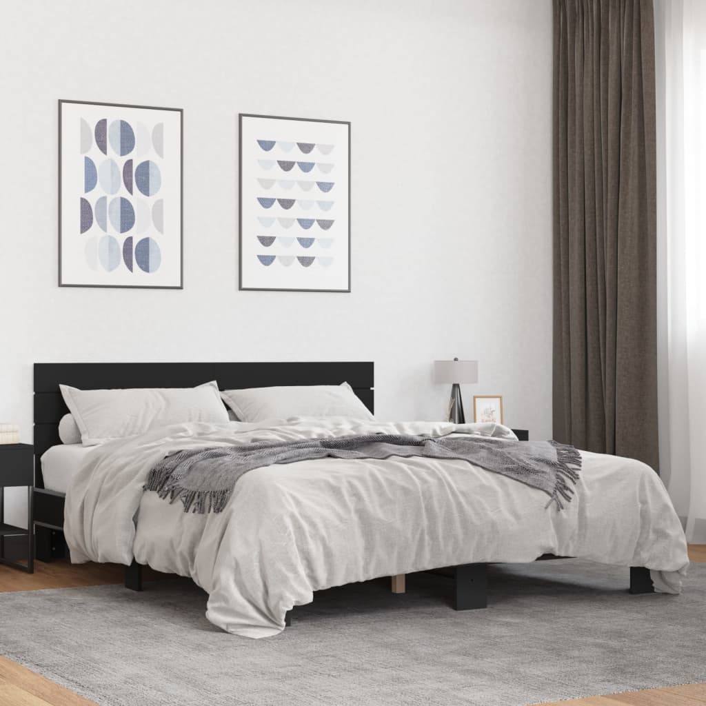 Bed Frame Black 150X200 Cm King Size Engineered Wood And Metal