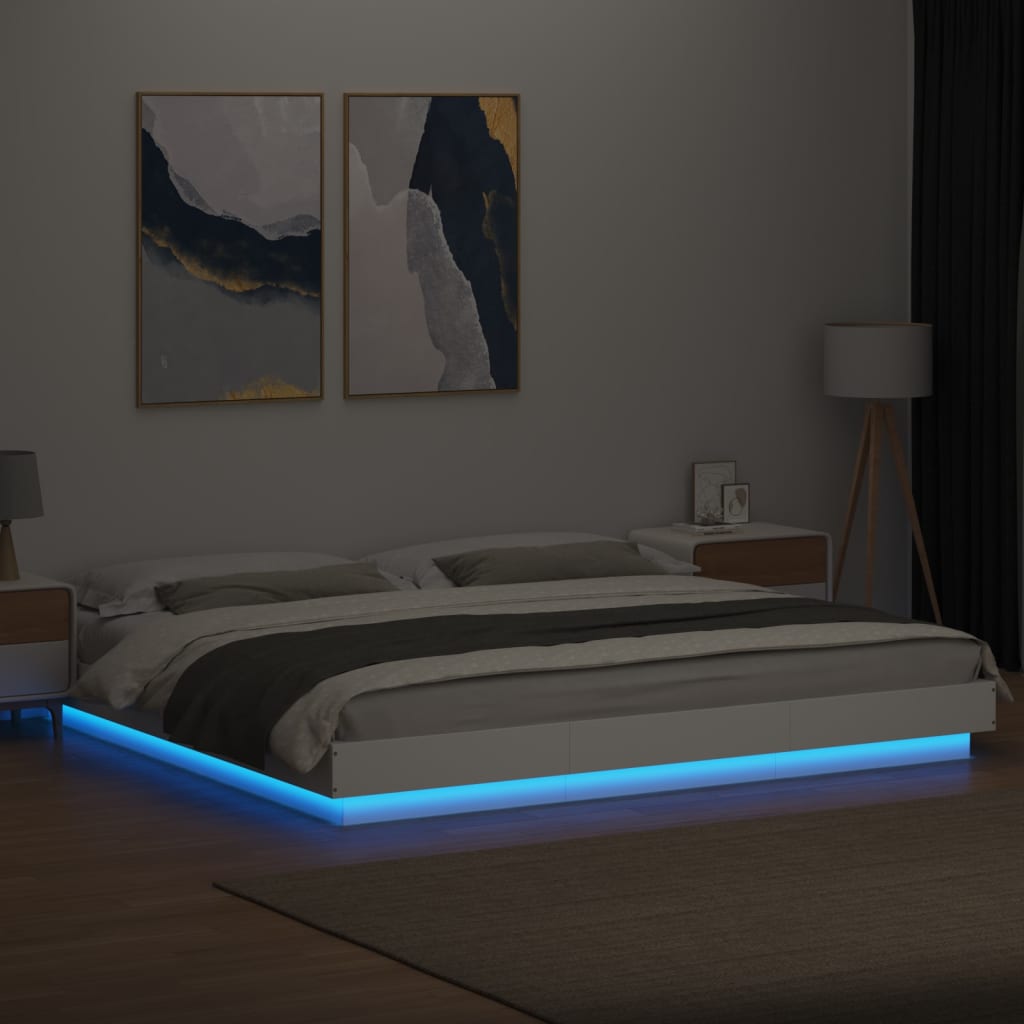 Bed Frame With Led Lights White 180X200 Cm Super King Engineered Wood