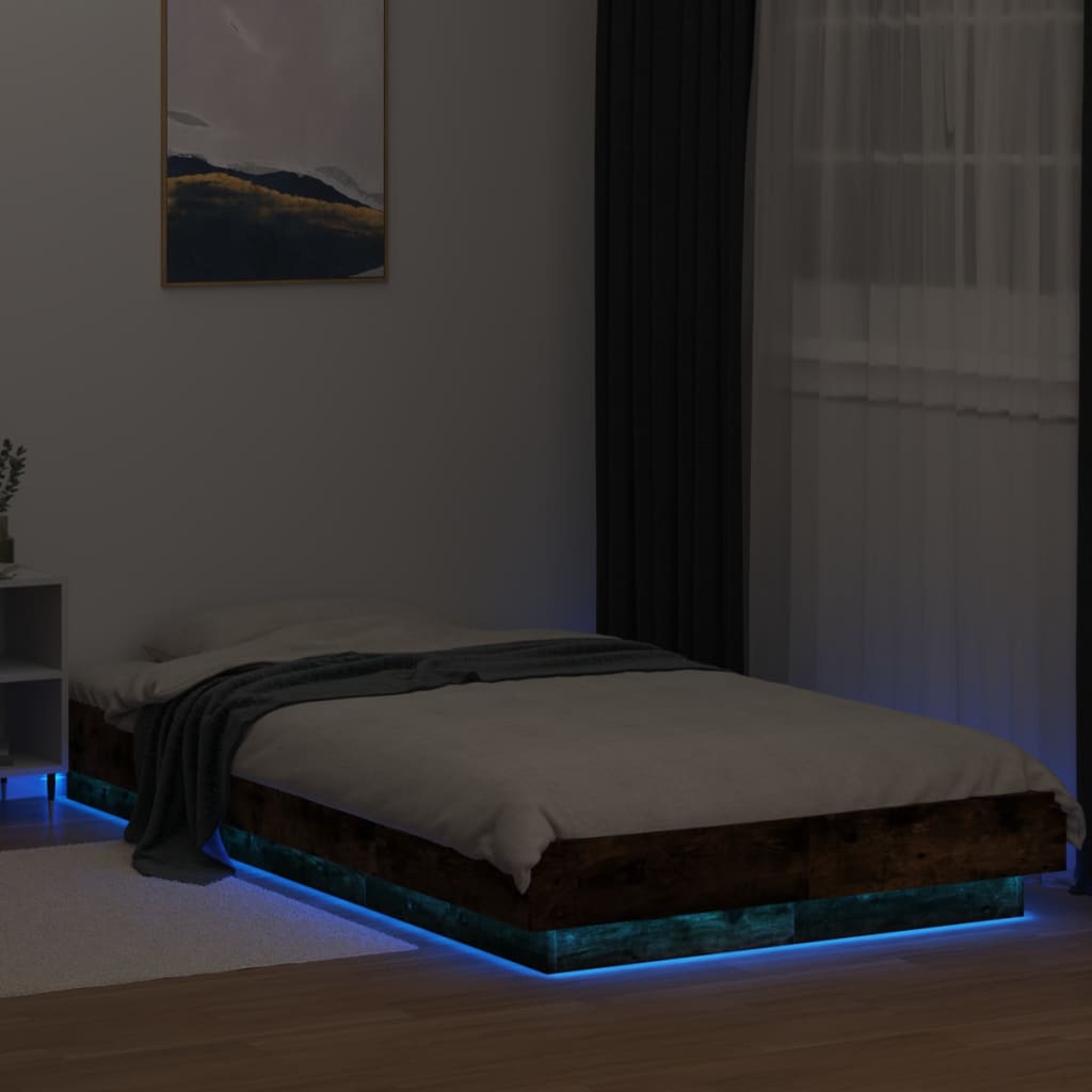 Bed Frame With Led Lights Smoked Oak 90X190 Cm Single Engineered Wood