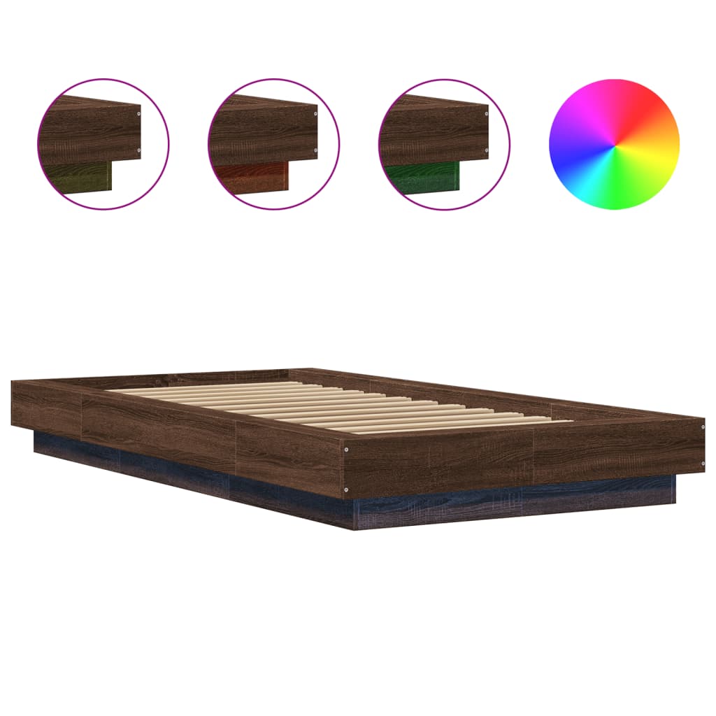 Bed Frame With Led Lights Brown Oak 90X190 Cm Single Engineered Wood