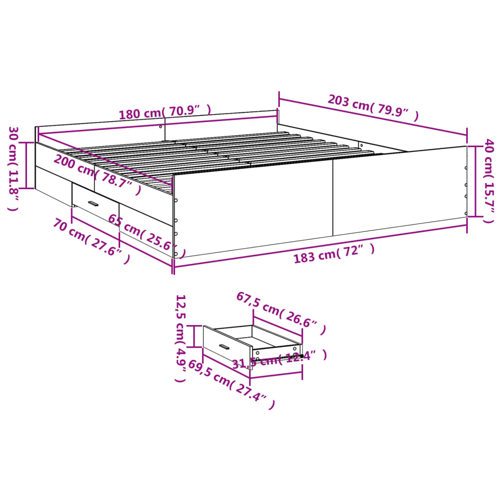 Bed Frame With Drawers Sonoma Oak 180X200 Cm Super King Engineered Wood