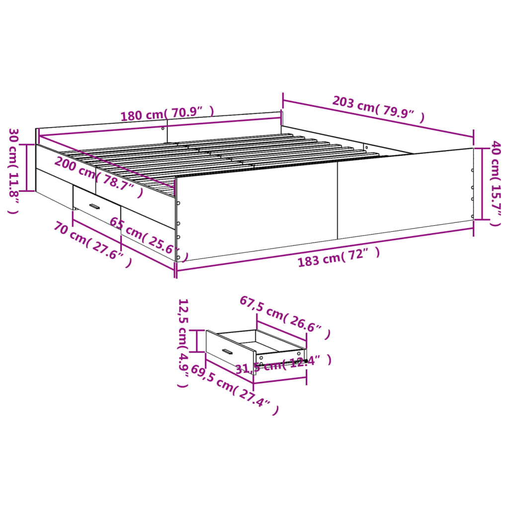 Bed Frame With Drawers Concrete Grey 180X200 Cm Super King Engineered Wood