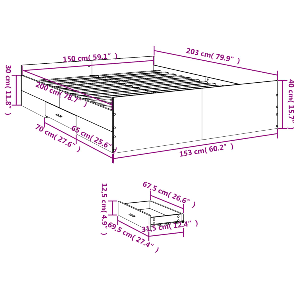 Bed Frame With Drawers Black 150X200 Cm King Size Engineered Wood