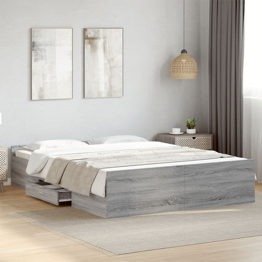 Bed Frame With Drawers Grey Sonoma 150X200 Cm King Size Engineered Wood