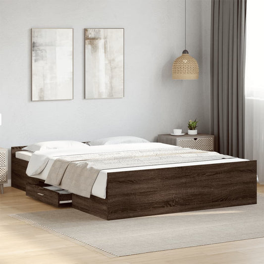 Bed Frame With Drawers Brown Oak 150X200 Cm King Size Engineered Wood