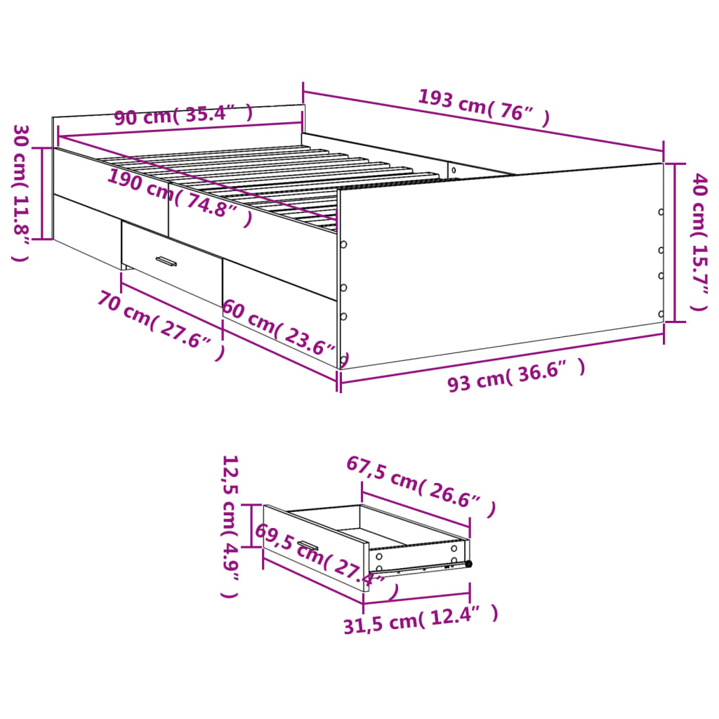 Bed Frame With Drawers White 90X190 Cm Single Engineered Wood