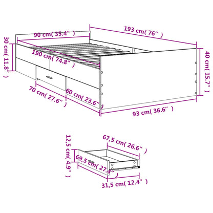 Bed Frame With Drawers White 90X190 Cm Single Engineered Wood