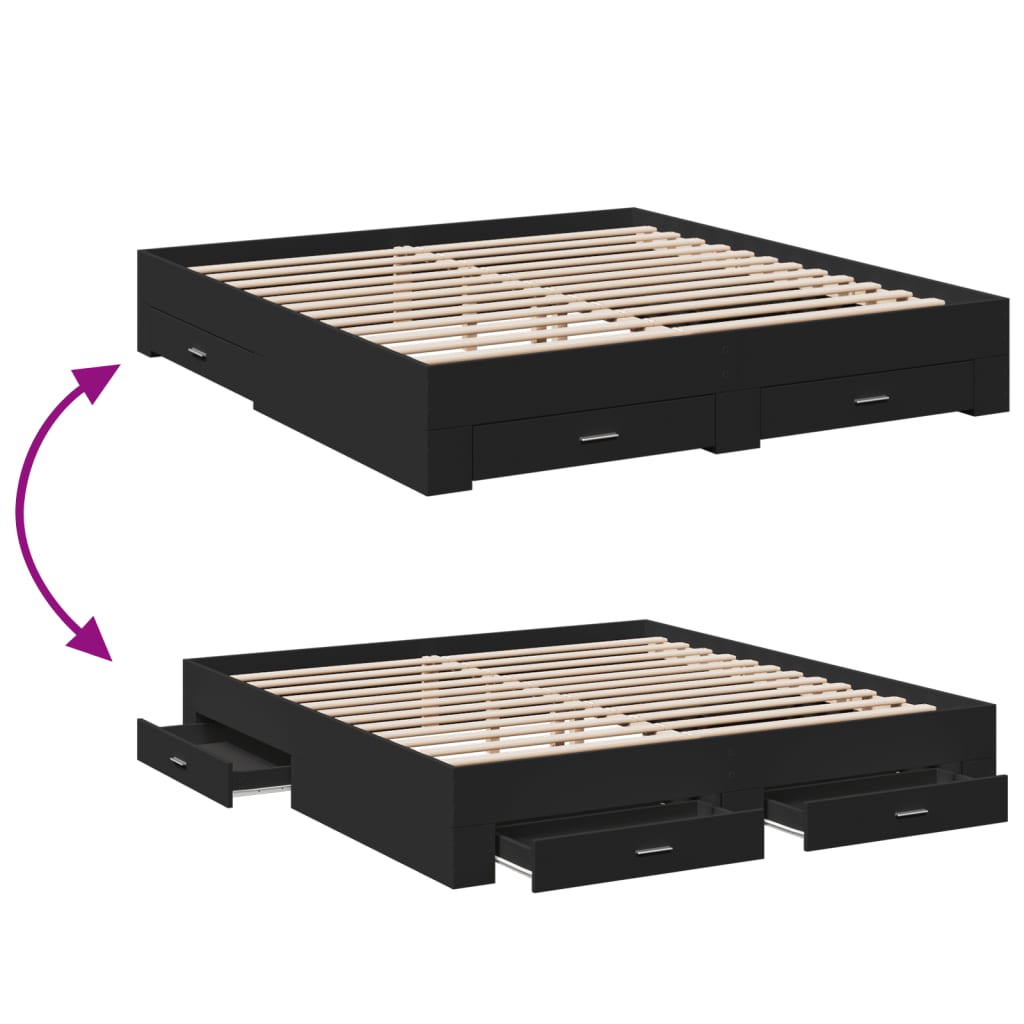 Bed Frame With Drawers Black 180X200 Cm Super King Engineered Wood