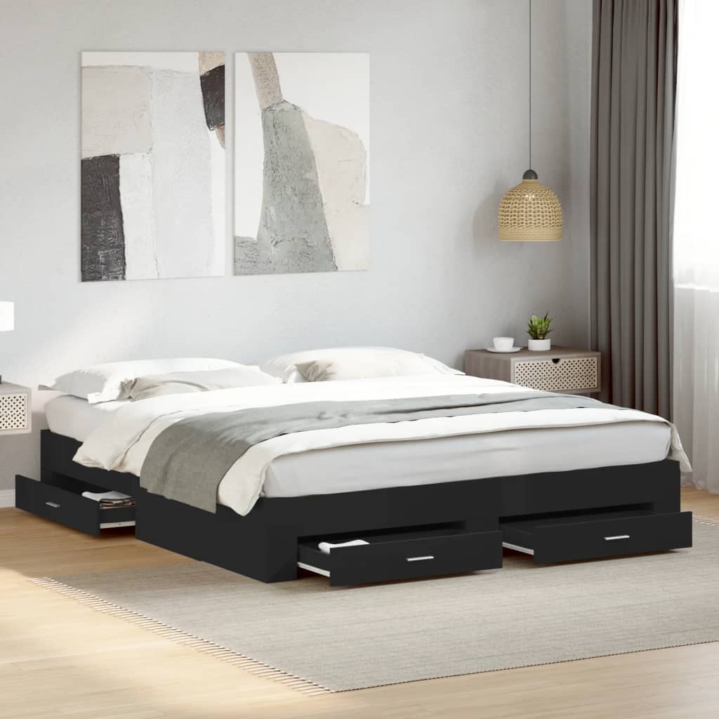 Bed Frame With Drawers Black 180X200 Cm Super King Engineered Wood