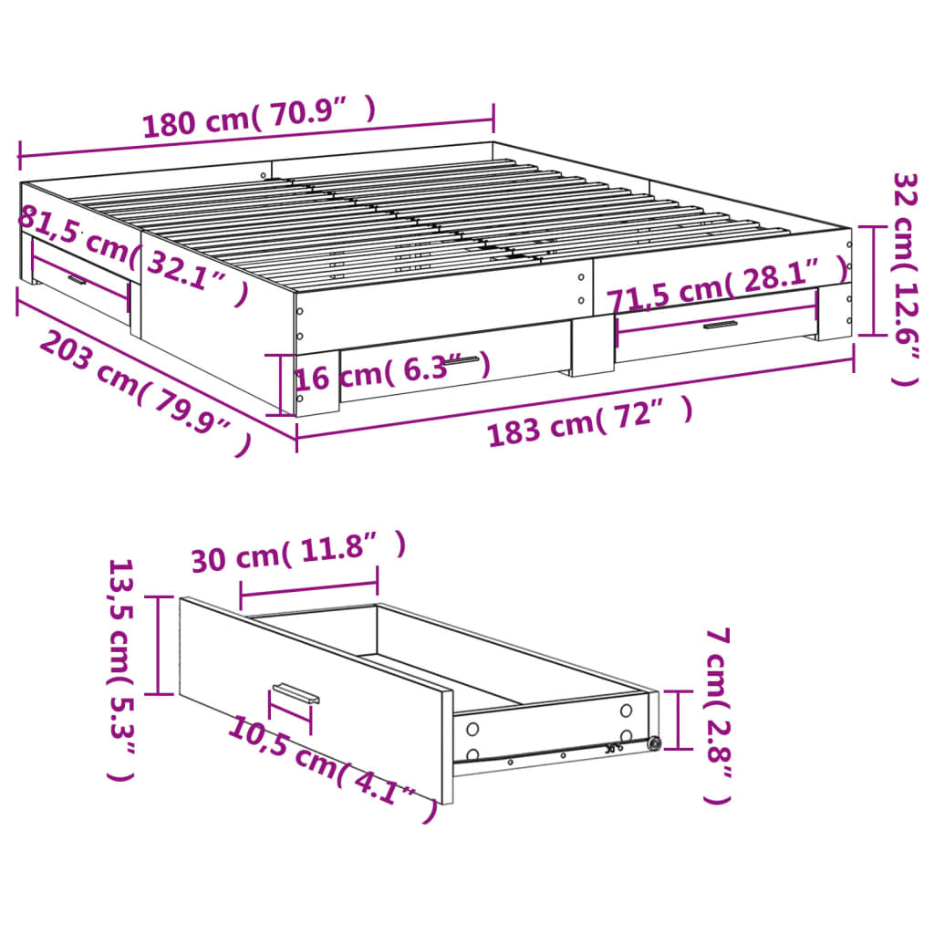 Bed Frame With Drawers Smoked Oak 180X200 Cm Super King Engineered Wood