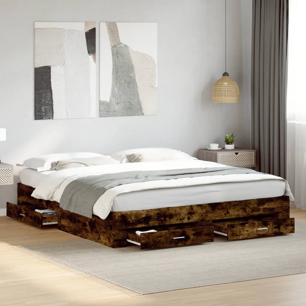 Bed Frame With Drawers Smoked Oak 180X200 Cm Super King Engineered Wood