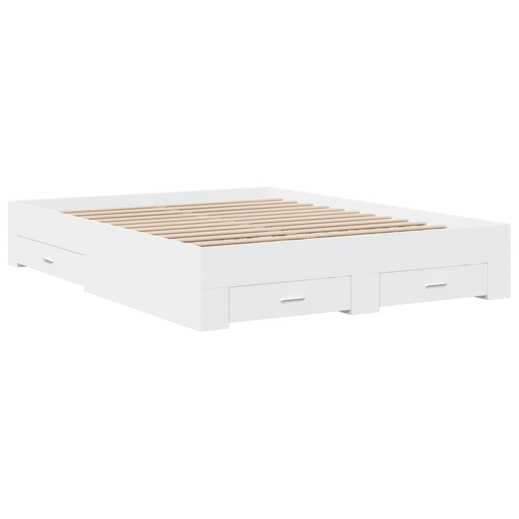 Bed Frame With Drawers White 150X200 Cm King Size Engineered Wood