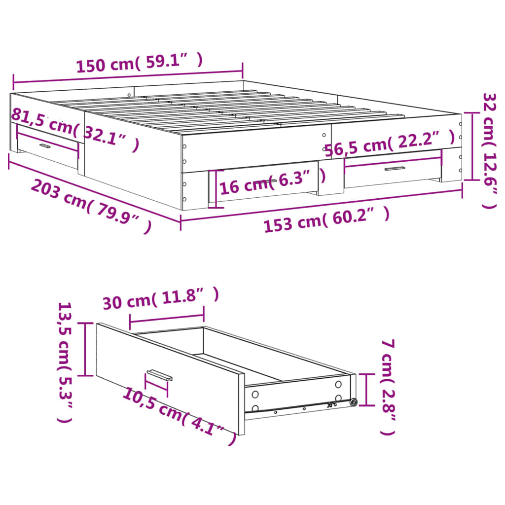 Bed Frame With Drawers White 150X200 Cm King Size Engineered Wood