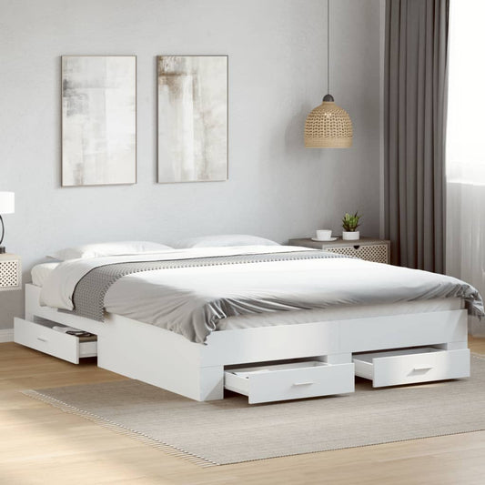 Bed Frame With Drawers White 150X200 Cm King Size Engineered Wood