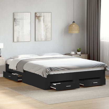 Bed Frame With Drawers Black 150X200 Cm King Size Engineered Wood