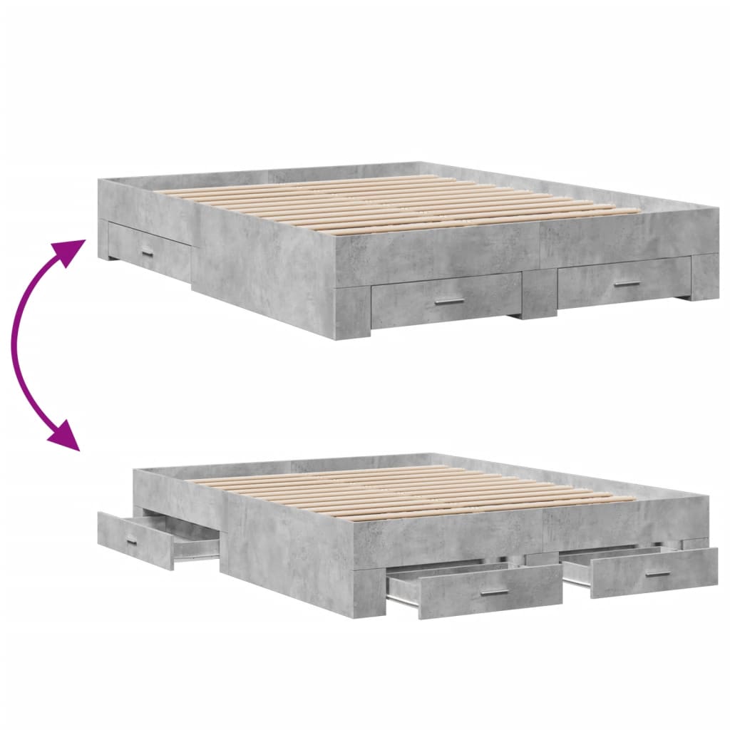 Bed Frame With Drawers Concrete Grey 150X200 Cm King Size Engineered Wood