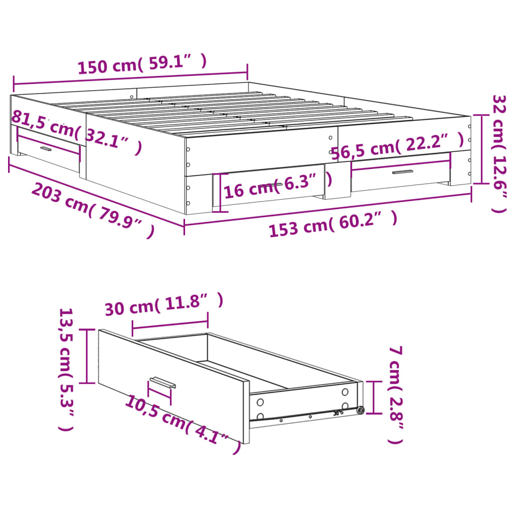 Bed Frame With Drawers Smoked Oak 150X200 Cm King Size Engineered Wood