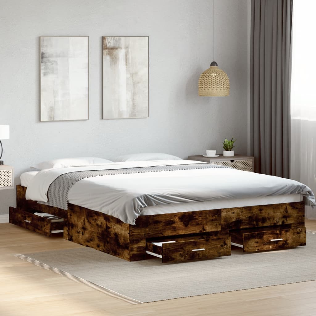 Bed Frame With Drawers Smoked Oak 150X200 Cm King Size Engineered Wood