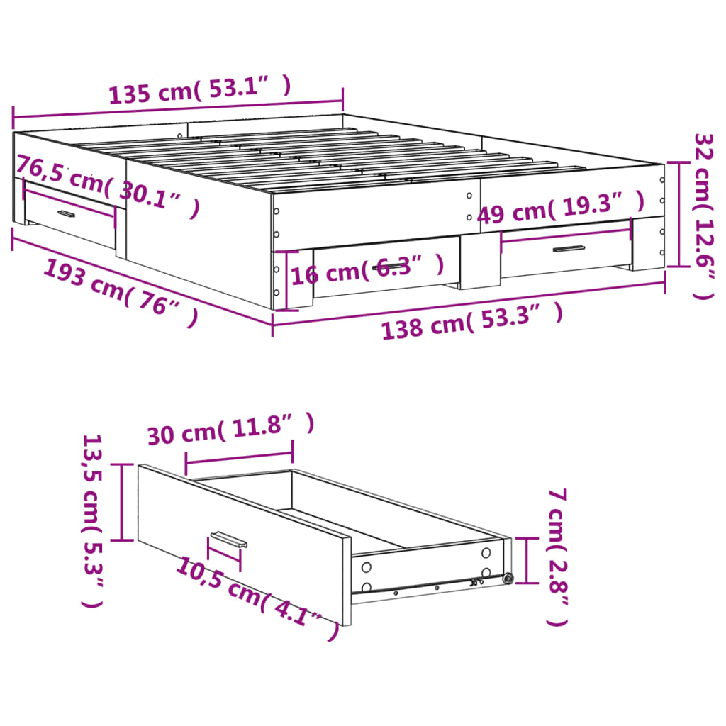 Bed Frame With Drawers White 135X190 Cm Double Engineered Wood