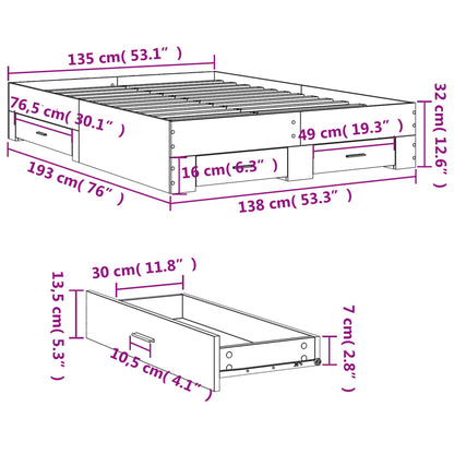 Bed Frame With Drawers White 135X190 Cm Double Engineered Wood