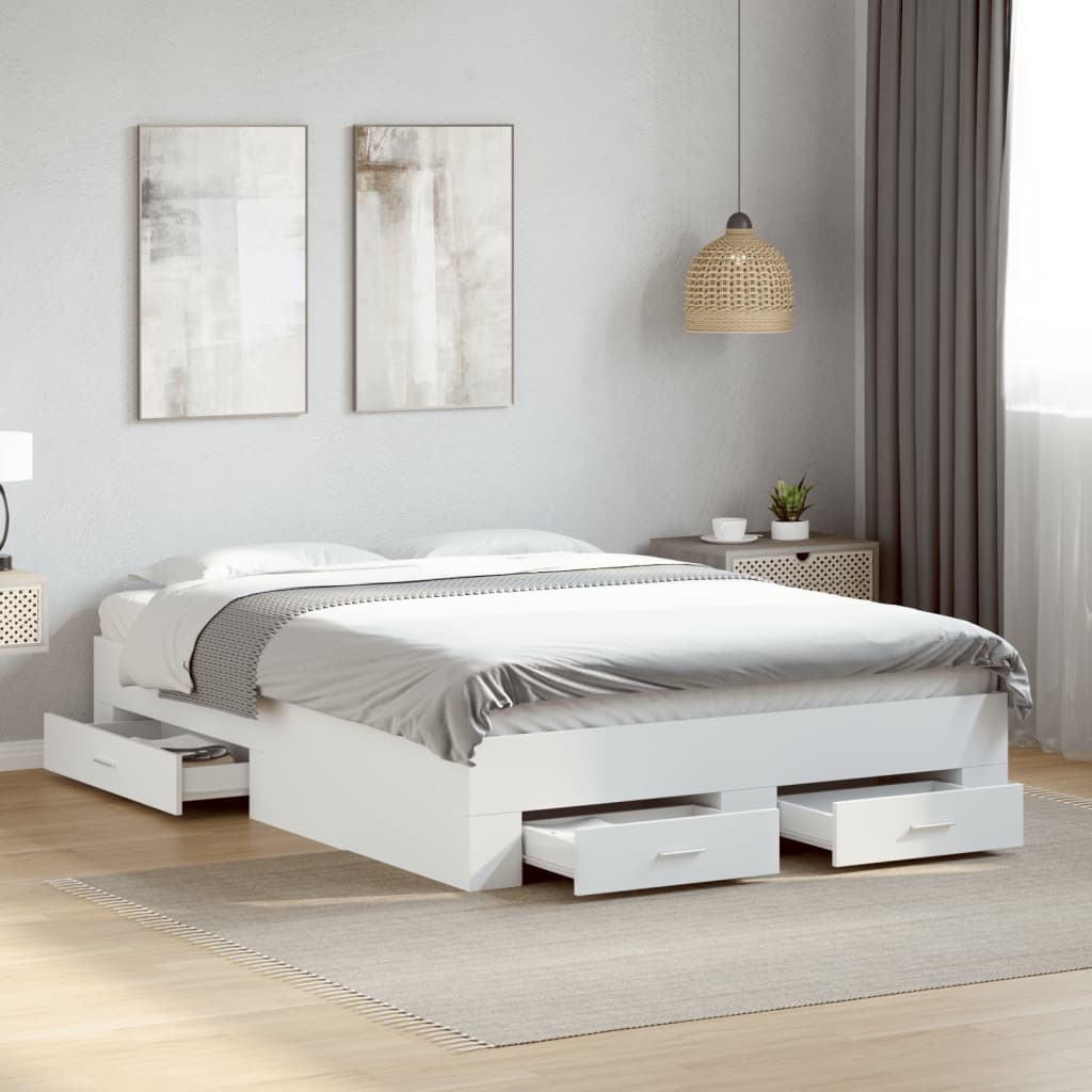 Bed Frame With Drawers White 135X190 Cm Double Engineered Wood