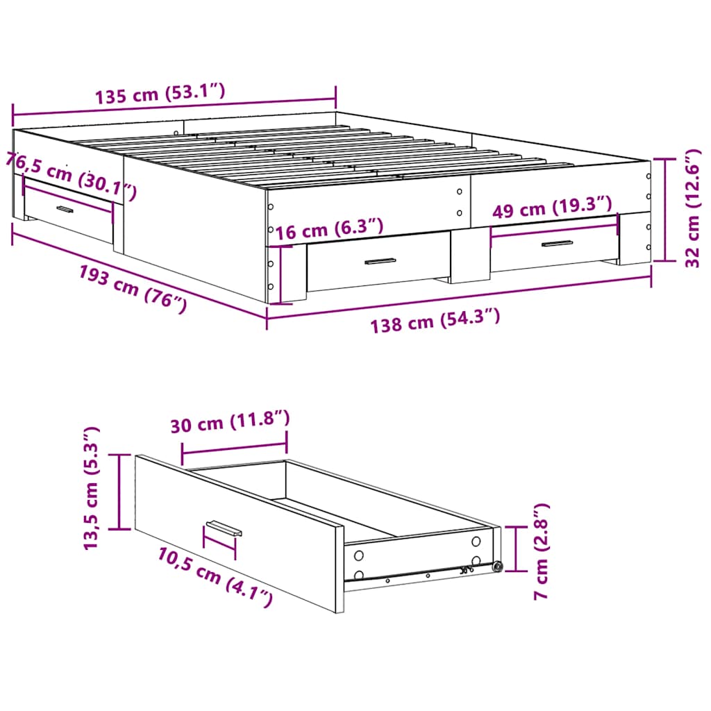 Bed Frame With Drawers Concrete Grey 135X190 Cm Double Engineered Wood