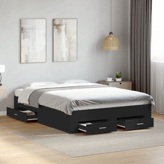 Bed Frame With Drawers Black 120X190 Cm Small Double Engineered Wood