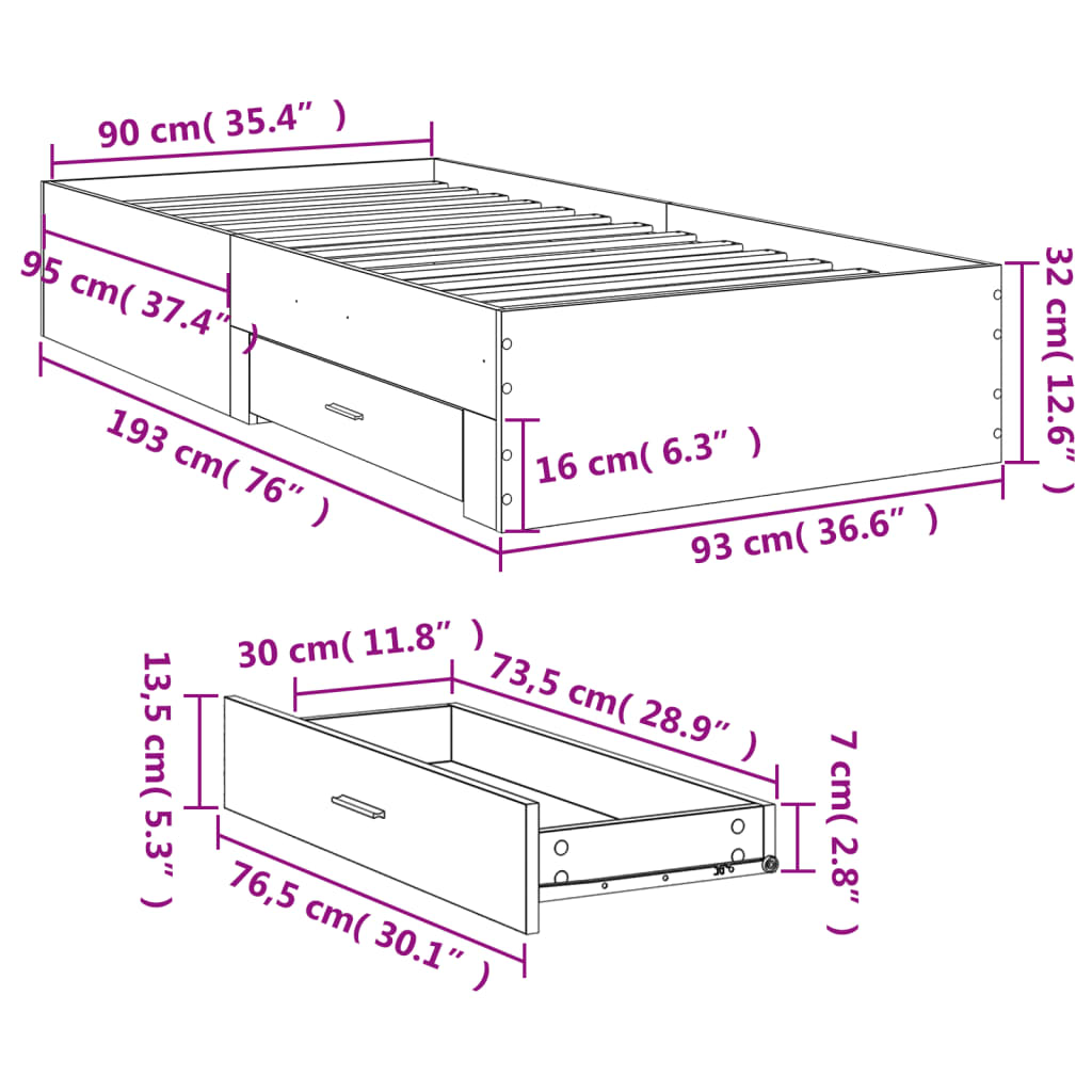 Bed Frame With Drawers Concrete Grey 90X190 Cm Single Engineered Wood