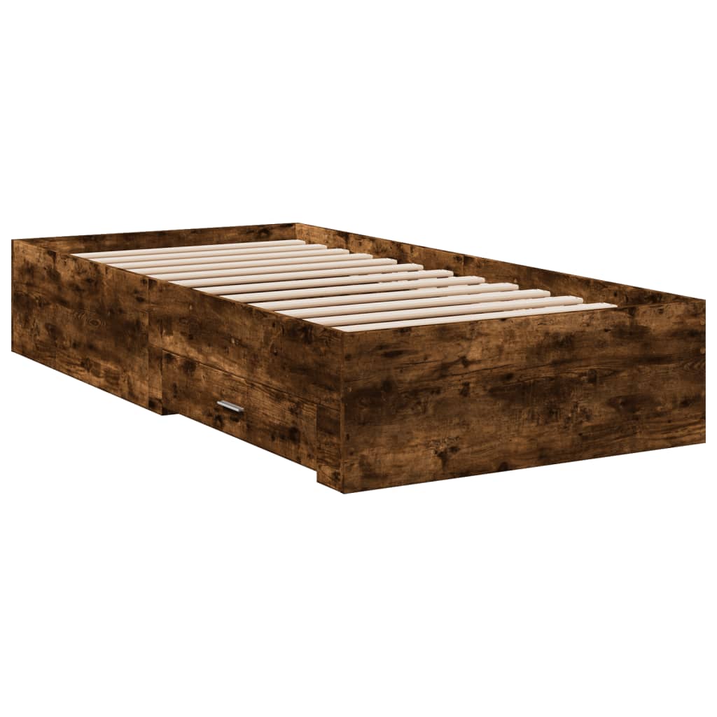 Bed Frame With Drawers Smoked Oak 90X190 Cm Single Engineered Wood