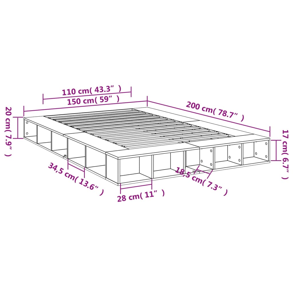 Bed Frame Grey Sonoma 150X200 Cm King Size Engineered Wood