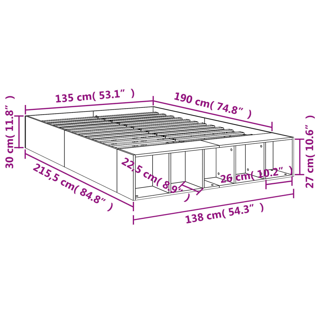 Bed Frame White 135X190 Cm Double Engineered Wood