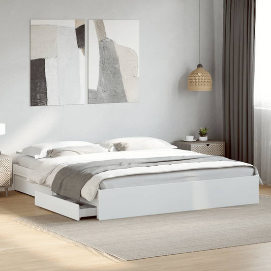 Bed Frame With Drawers White 180X200 Cm Super King Engineered Wood