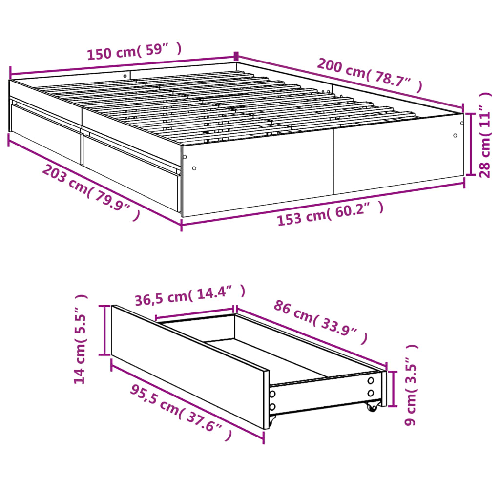 Bed Frame With Drawers Black 150X200 Cm King Size Engineered Wood