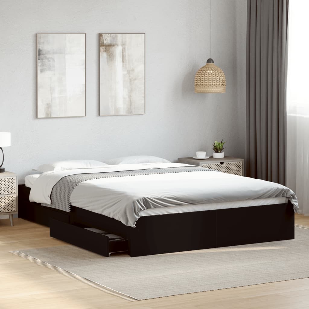 Bed Frame With Drawers Black 150X200 Cm King Size Engineered Wood