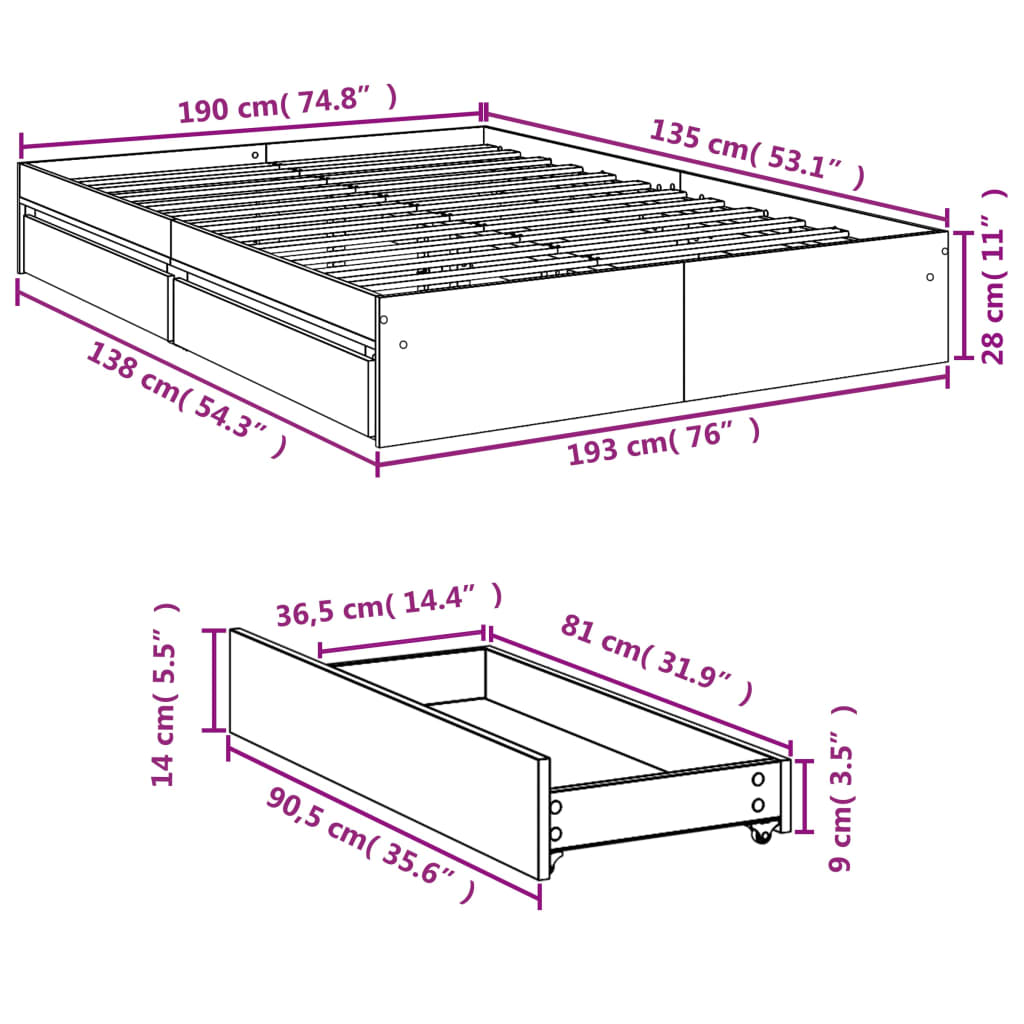 Bed Frame With Drawers Black 135X190 Cm Double Engineered Wood