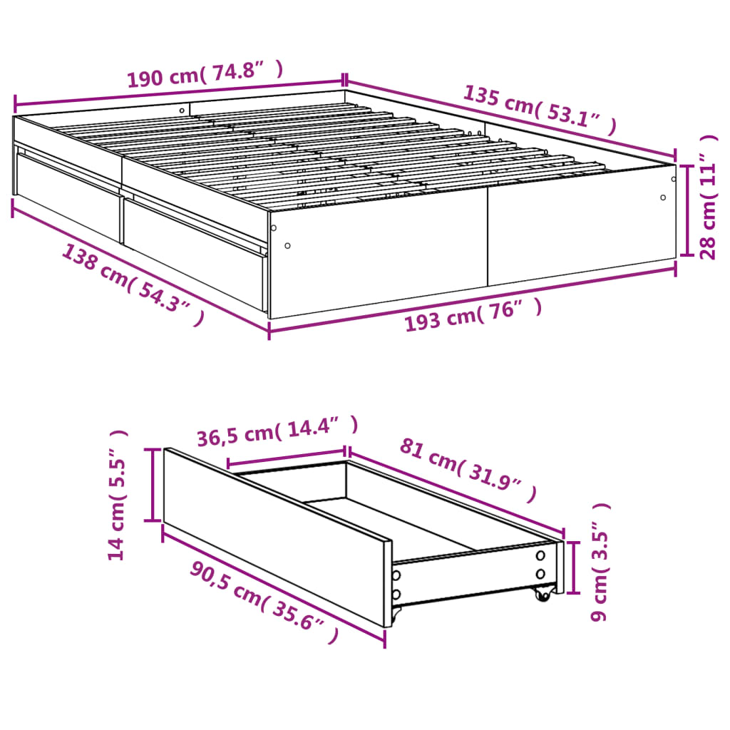 Bed Frame With Drawers Sonoma Oak 135X190 Cm Double Engineered Wood