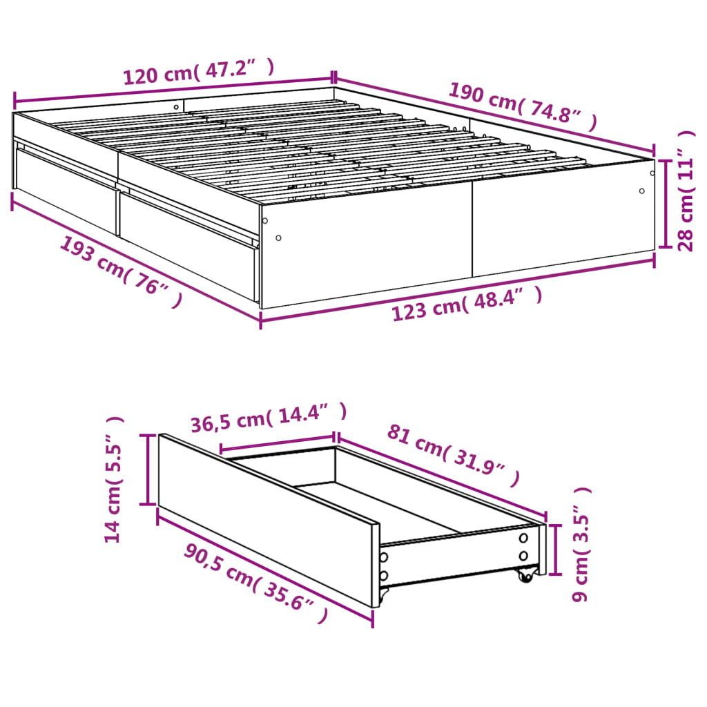 Bed Frame With Drawers Without Mattress Concrete Grey 120X190 Cm Small Double