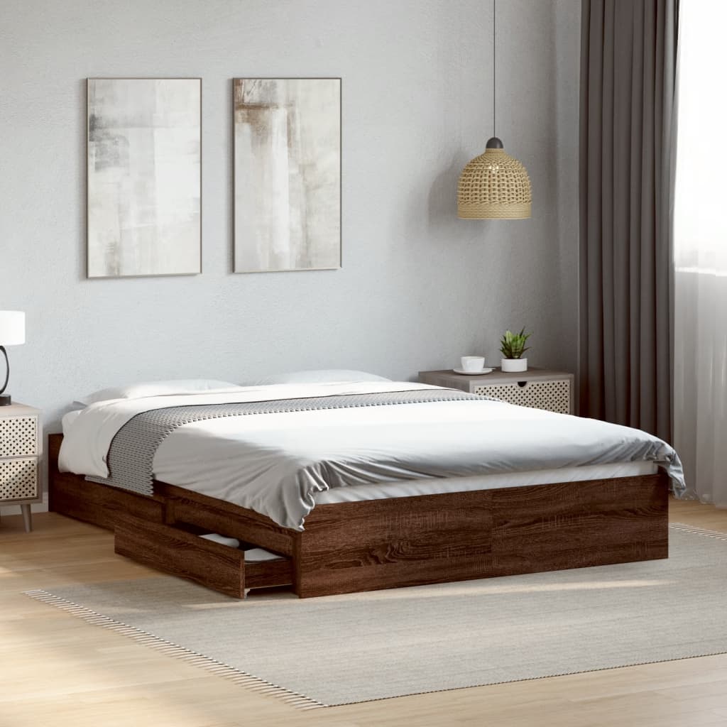 Bed Frame With Drawers Without Mattress Brown Oak 120X190 Cm Small Double