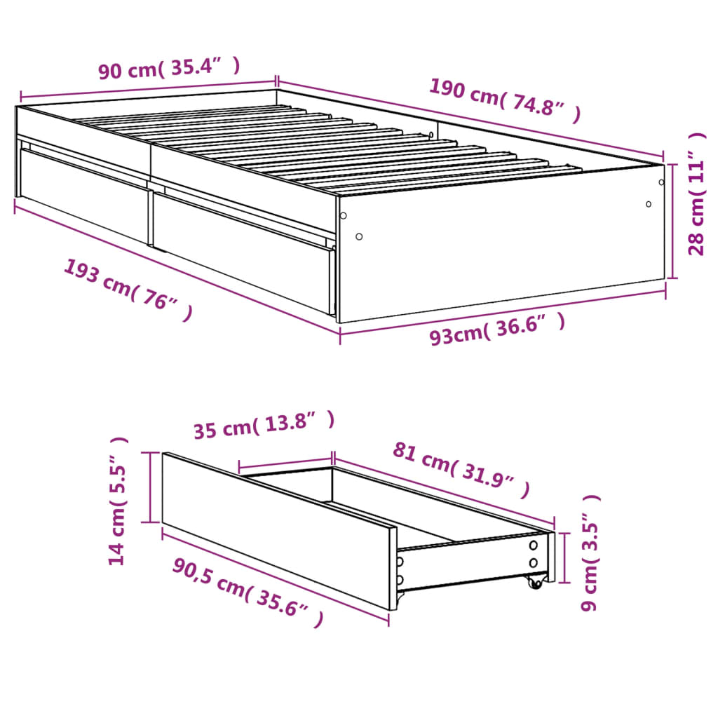 Bed Frame With Drawers White 90X190 Cm Single Engineered Wood