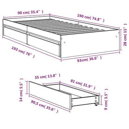 Bed Frame With Drawers White 90X190 Cm Single Engineered Wood