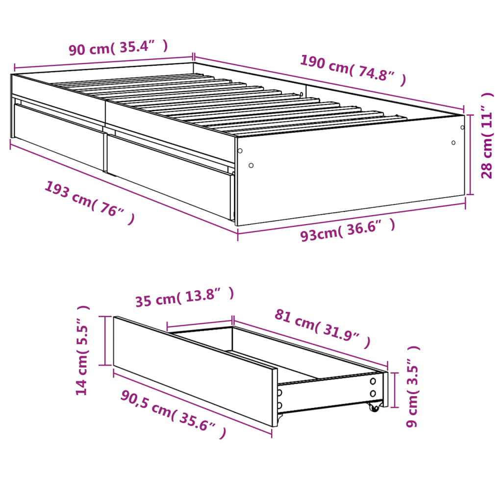 Bed Frame With Drawers Black 90X190 Cm Single Engineered Wood