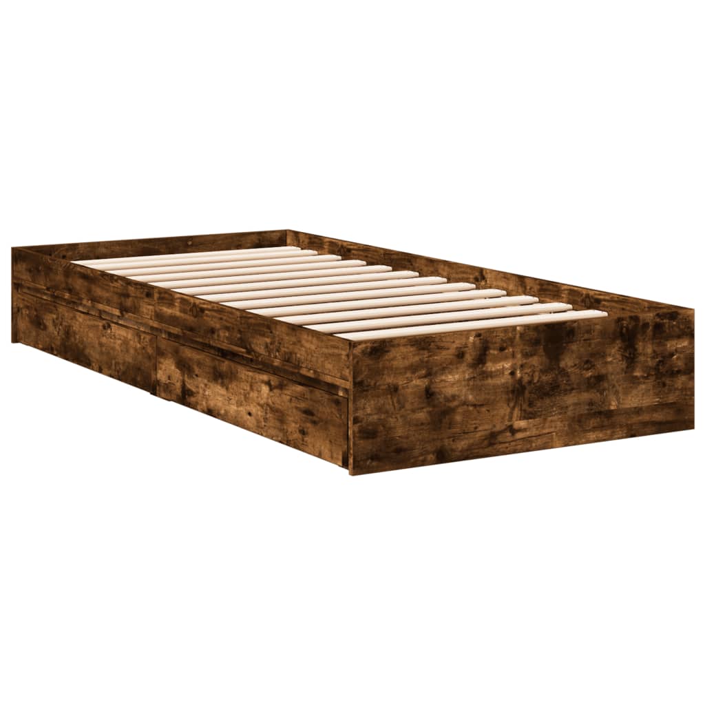 Bed Frame With Drawers Smoked Oak 90X190 Cm Single Engineered Wood