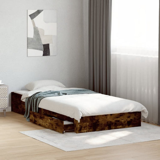 Bed Frame With Drawers Smoked Oak 90X190 Cm Single Engineered Wood