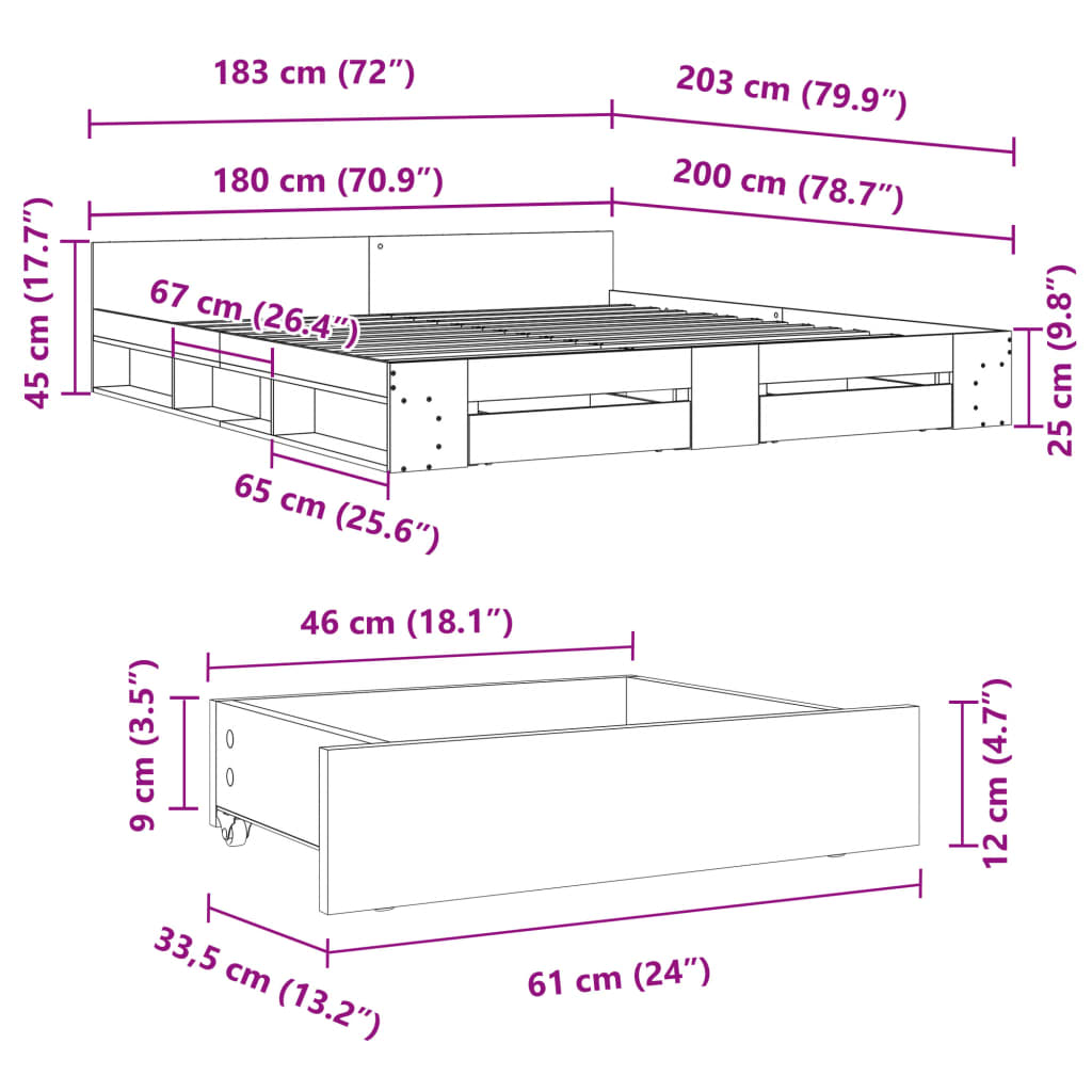 Bed Frame With Drawers Black 180X200 Cm Super King Engineered Wood