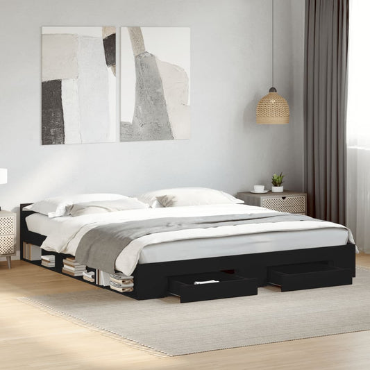 Bed Frame With Drawers Black 180X200 Cm Super King Engineered Wood