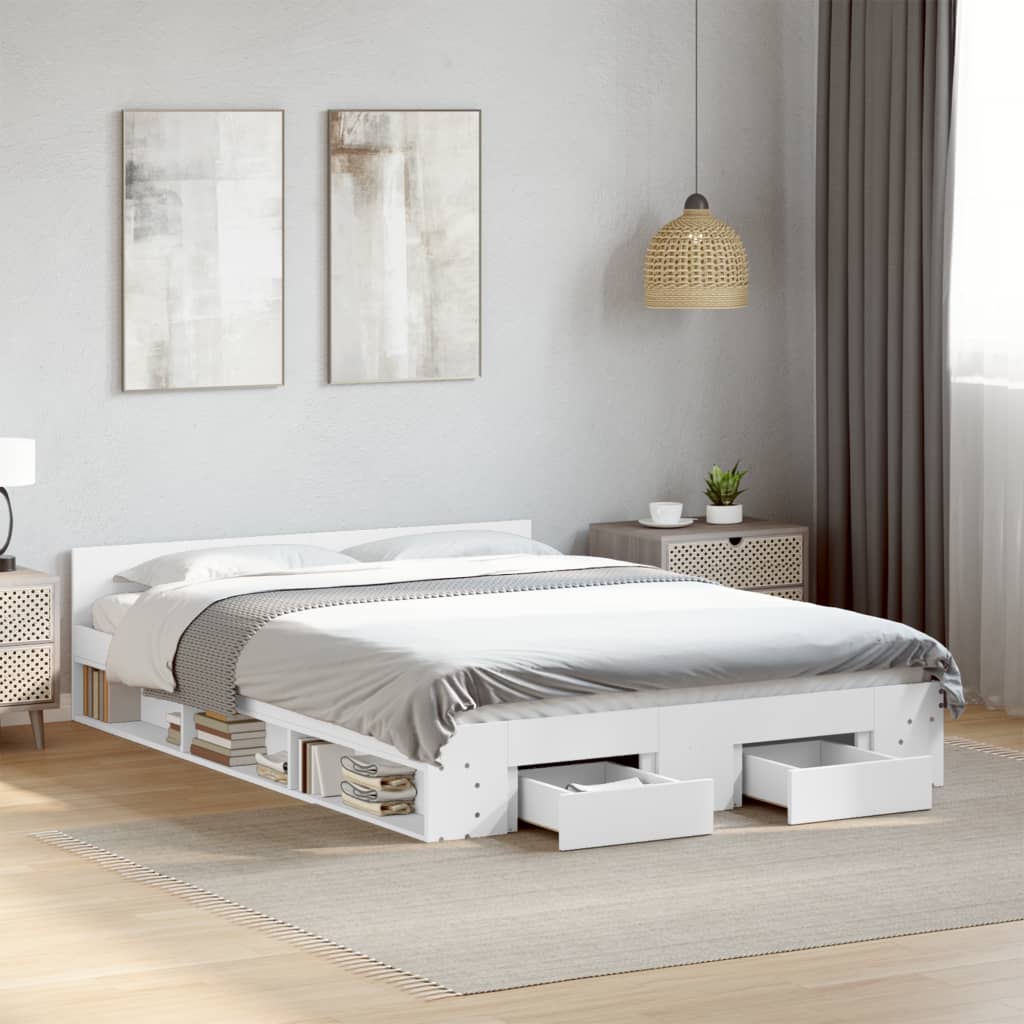 Bed Frame With Drawers White 150X200 Cm King Size Engineered Wood