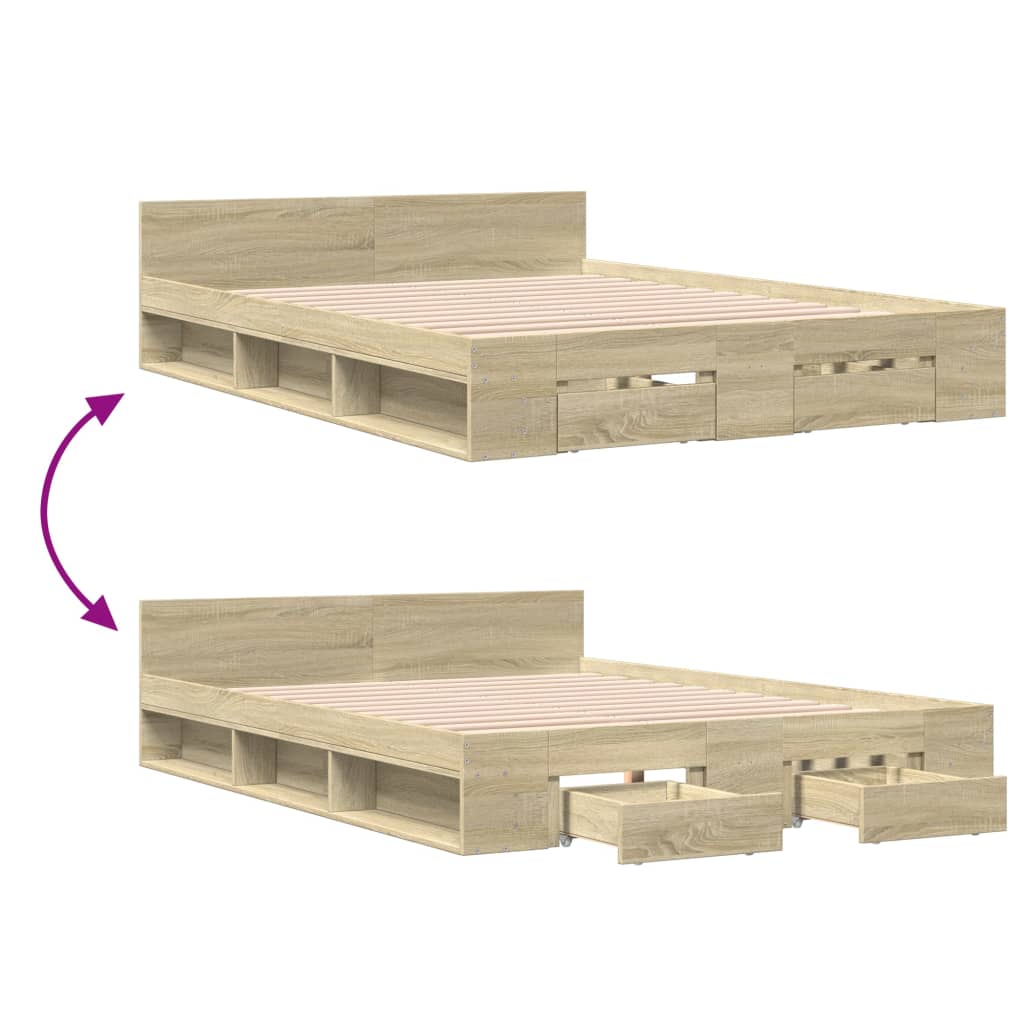 Bed Frame With Drawers Sonoma Oak 150X200 Cm King Size Engineered Wood